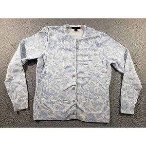 Lands End Sweater Women's Small Blue White Cardigan Long Sleeve Floral Cotton